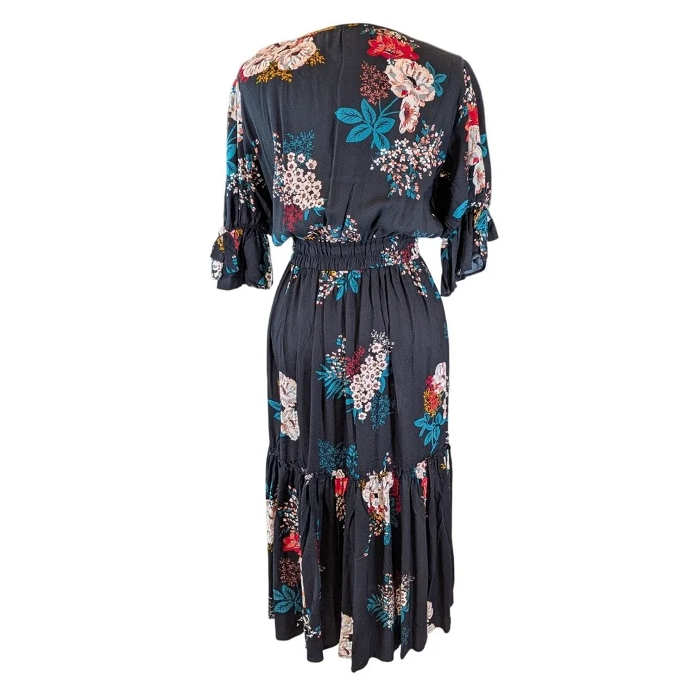 Lovestitch Floral Prairie Midi Dress Black Tassel Tie Boho Cottagecore Small - Picture 2 of 8